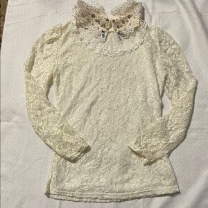 Chic Lace Blouse with Embellished Collar